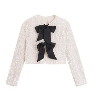 White Sequin Cropped Bolero Jacket with Black Bows Long Sleeve Shrug Size M
